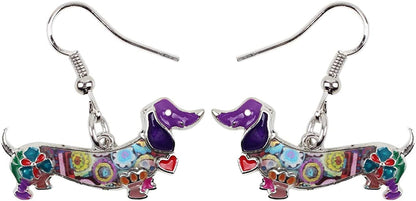 Enamel Alloy Dachshund Dog Earrings Dangle Drop Fashion Cute Animal Jewelry for Women Girls Gift Charms Purple