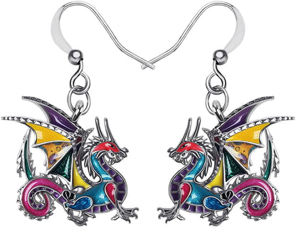 Enamel Alloy Dinosaur Fantasy Dragon Earrings Drop Dangle Unique Animal Jewelry for Women Girls Rainbow Multicolor