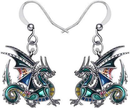Enamel Alloy Dinosaur Fantasy Dragon Earrings Drop Dangle Unique Animal Jewelry for Women Girls Green