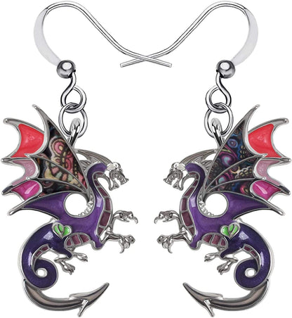 Enamel Alloy Dinosaur Fantasy Dragon Earrings Drop Dangle Unique Animal Jewelry for Women Girls Sangria Purple