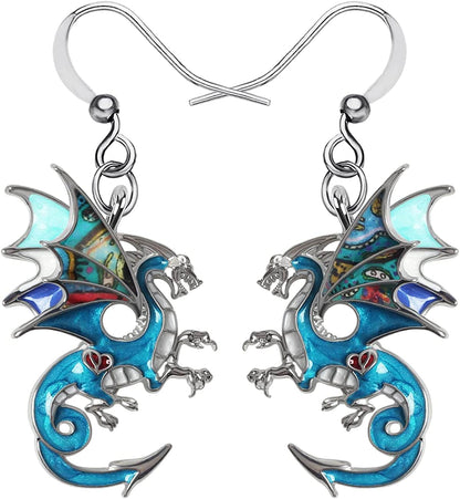 Enamel Alloy Dinosaur Fantasy Dragon Earrings Drop Dangle Unique Animal Jewelry for Women Girls Ocean Blue