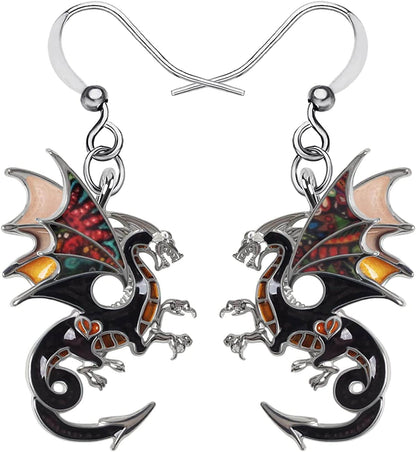 Enamel Alloy Dinosaur Fantasy Dragon Earrings Drop Dangle Unique Animal Jewelry for Women Girls Clay