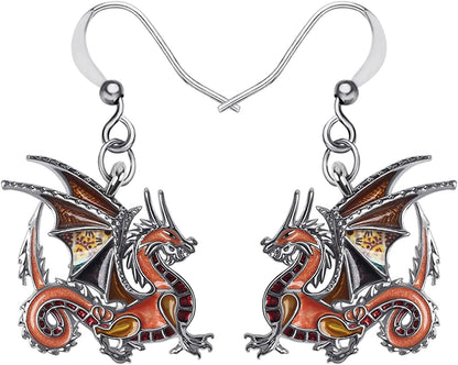 Enamel Alloy Dinosaur Fantasy Dragon Earrings Drop Dangle Unique Animal Jewelry for Women Girls Brown