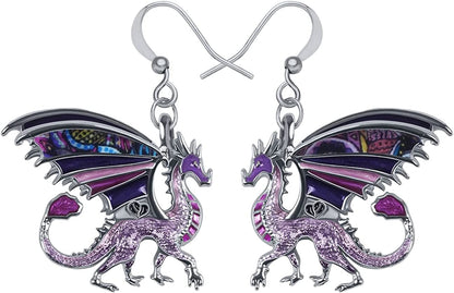 Enamel Alloy Dinosaur Fantasy Dragon Earrings Drop Dangle Unique Animal Jewelry for Women Girls Orchid Purple