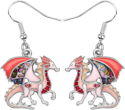 Enamel Alloy Dinosaur Fantasy Dragon Earrings Drop Dangle Unique Animal Jewelry for Women Girls Pink