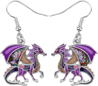 Enamel Alloy Dinosaur Fantasy Dragon Earrings Drop Dangle Unique Animal Jewelry for Women Girls Purple