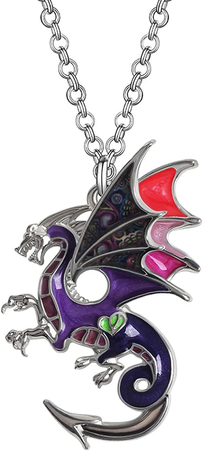Enamel Alloy Dragon Necklace Fantasy Dinosaur Pendant Fashion Jewelry for Women Girls Charm Gift Purple