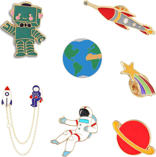 Enamel Pin Cute Enamel Lapel Pin Sets Carton Animal Brooch Pin (Planet Spaceman and Robot Set of 6)