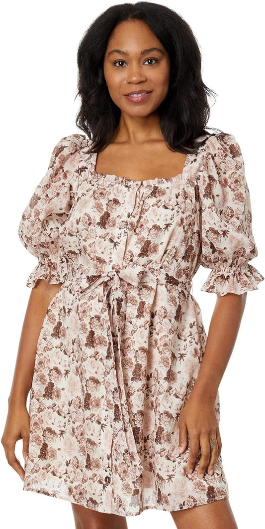 English Factory Floral Linen Mini Dress with Tie