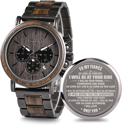 Engraved Wooden Watch for Boyfriend My Man Fiancé Husband Customized Personalized Wood Watches for Men Birthday Anniversary Personalized Watch A-for-fiancé