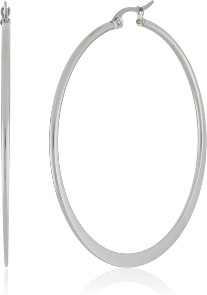 Essentials Gold or Rhodium Plated Stainless Steel Flattened Hoop Earrings Stainless Steel / 51mm