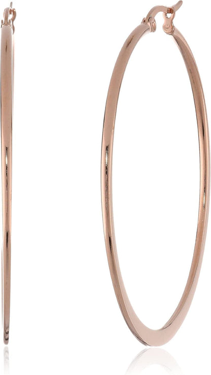 Essentials Gold or Rhodium Plated Stainless Steel Flattened Hoop Earrings Rose Gold Plated Stainless Steel / 50mm