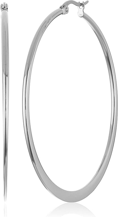 Essentials Gold or Rhodium Plated Stainless Steel Flattened Hoop Earrings Stainless Steel / 45mm