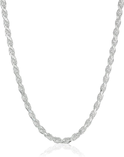 Essentials Gold or Rhodium Plated Sterling Silver Diamond Cut Rope Chain Necklace Sterling Silver / 20" Length