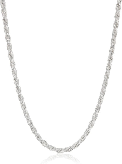 Essentials Gold or Rhodium Plated Sterling Silver Diamond Cut Rope Chain Necklace Sterling Silver / 14" Length