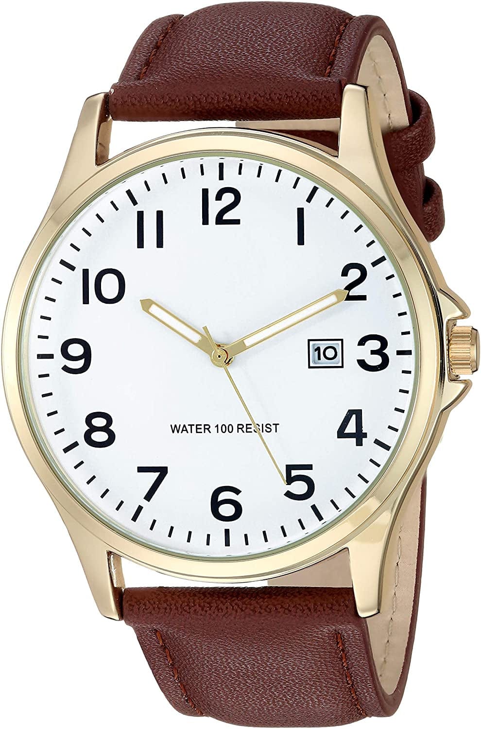 Essentials Men'S Easy to Read Strap Watch Brown/Gold