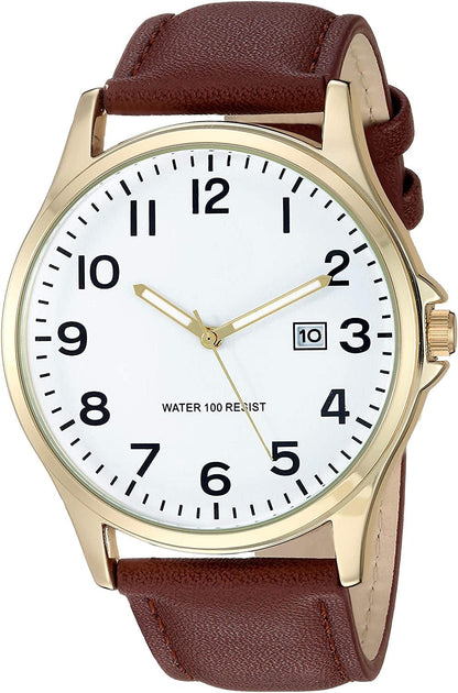 Essentials Men'S Easy to Read Strap Watch Brown/Gold