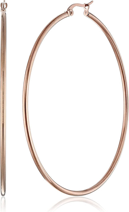 Essentials Plated Stainless Steel Rounded Tube Hoop Earrings Rose Gold Plated Stainless Steel / 60mm