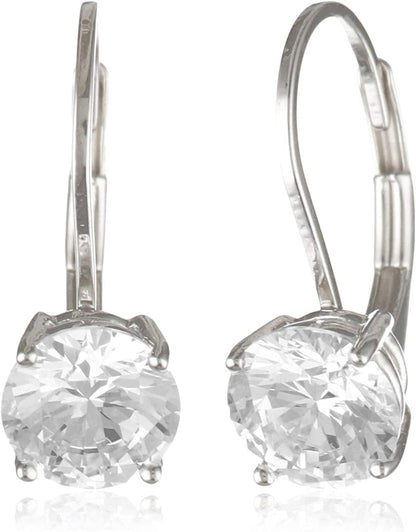 Essentials Plated Sterling Silver Cubic Zirconia Leverback Earrings (Round & Princess) Platinum Plated Sterling Silver / Round Cut / 6.5mm