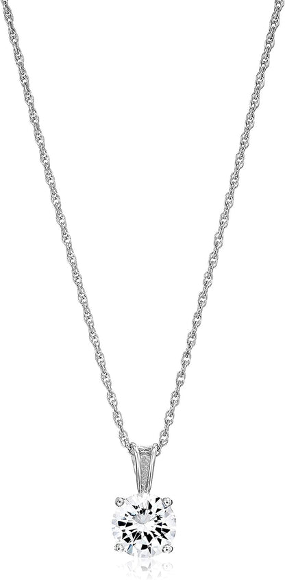 Essentials Plated Sterling Silver Cubic Zirconia round Cut Solitaire Pendant Necklace, 18" Platinum Plated Sterling Silver / 8mm