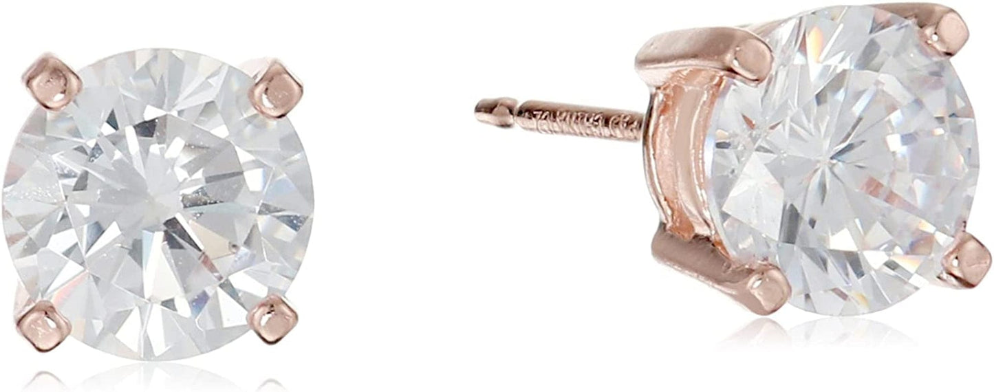 Essentials Plated Sterling Silver Cubic Zirconia Stud Earrings (Round & Princess) Rose Gold/White / Round Cut / 6.5mm