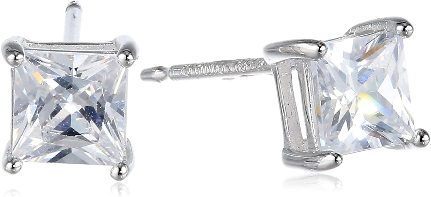 Essentials Plated Sterling Silver Cubic Zirconia Stud Earrings (Round & Princess) Silver/White / Princess Cut / 4.5mm