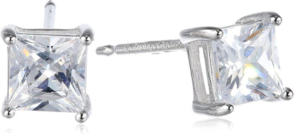 Essentials Plated Sterling Silver Cubic Zirconia Stud Earrings (Round & Princess) Silver/White / Princess Cut / 4.5mm