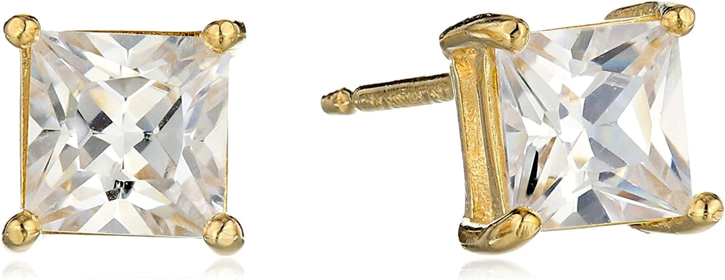 Essentials Plated Sterling Silver Cubic Zirconia Stud Earrings (Round & Princess) Yellow Gold/White / Princess Cut / 4.5mm