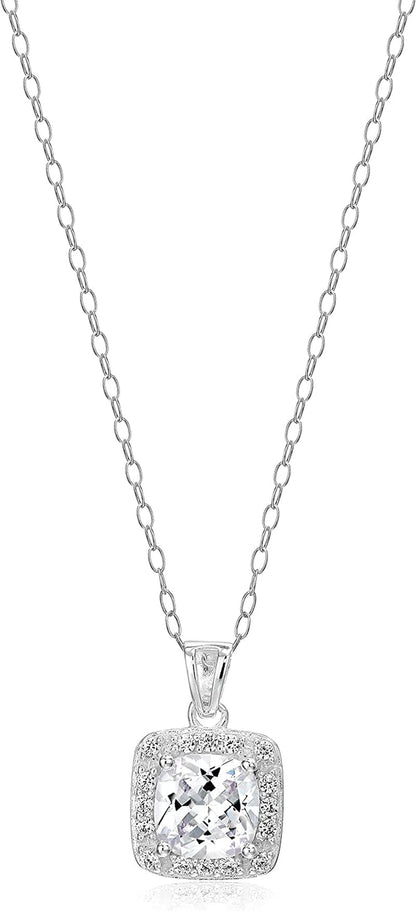 Essentials Sterling Silver Cubic Zirconia Halo Pendant Necklace (Round & Princess) Sterling Silver / Princess Halo