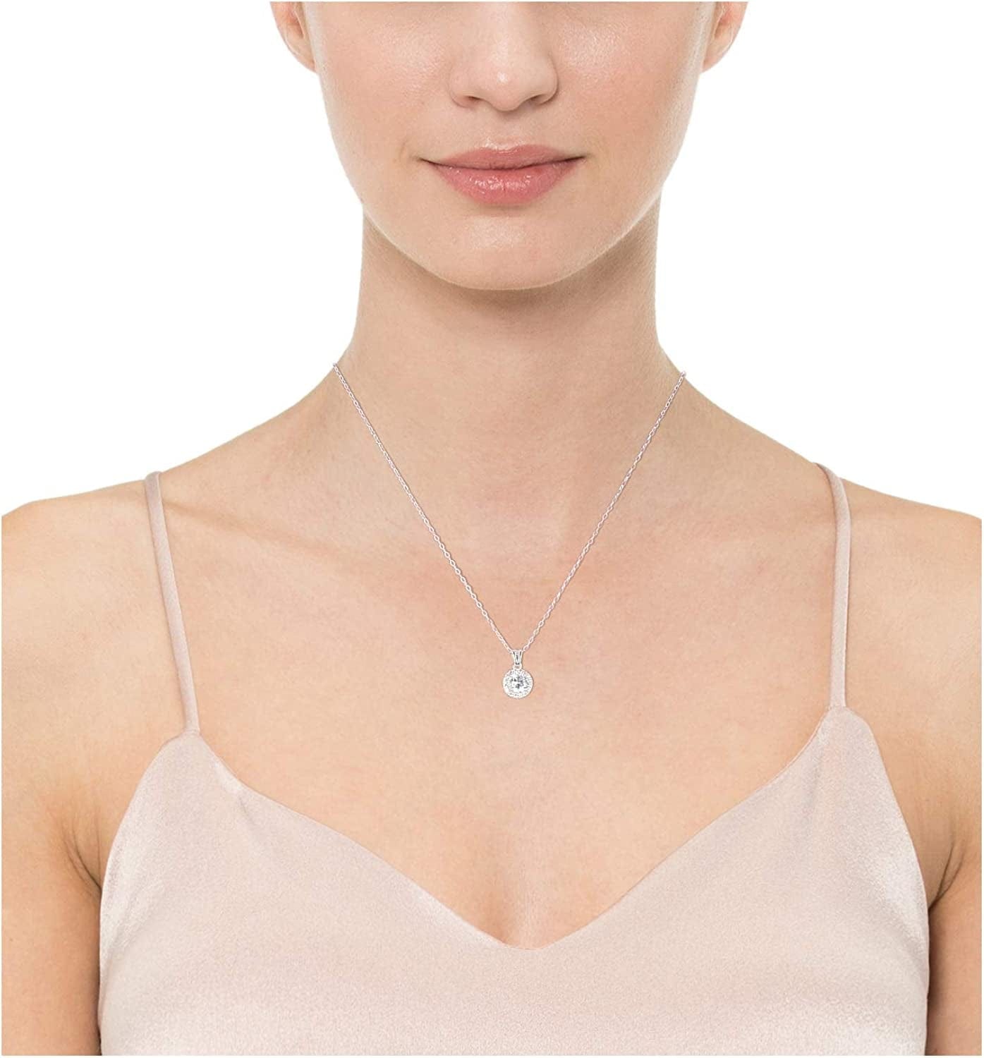 Essentials Sterling Silver Cubic Zirconia Halo Pendant Necklace (Round & Princess)