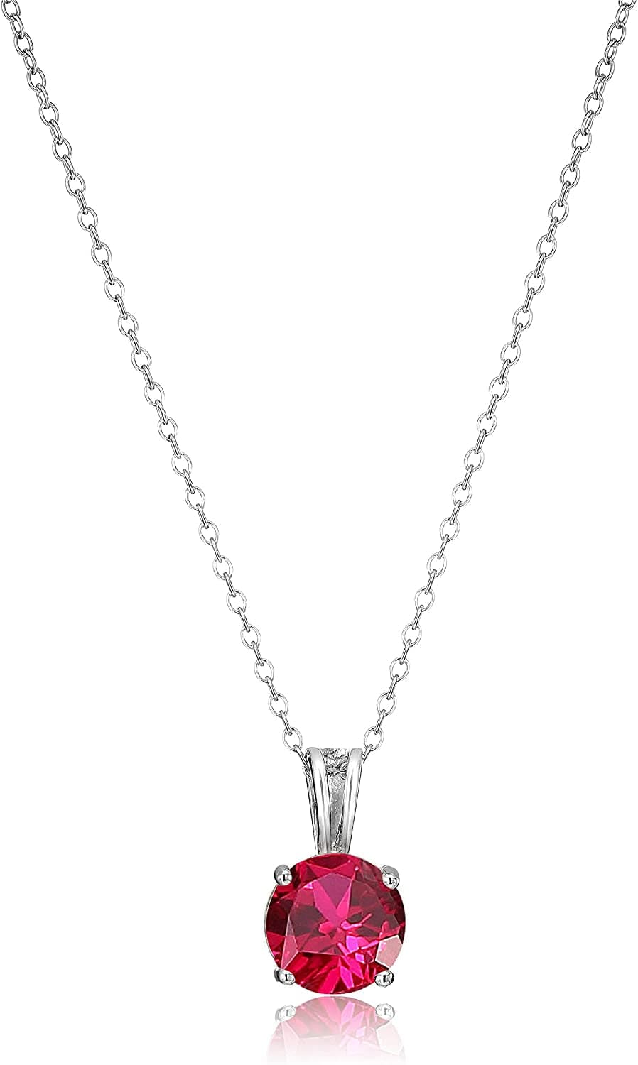 Essentials Sterling Silver Genuine or Created round Cut Birthstone Pendant Necklace, 18" July - Created Ruby