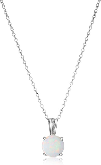 Essentials Sterling Silver Genuine or Created round Cut Birthstone Pendant Necklace, 18" October - Created Opal