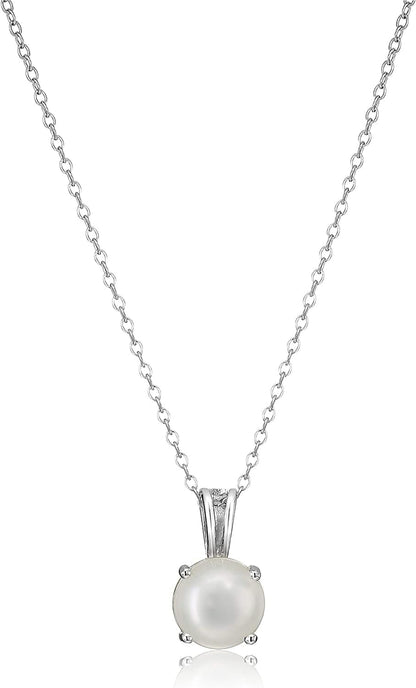 Essentials Sterling Silver Genuine or Created round Cut Birthstone Pendant Necklace, 18" June - Genuine Pearl