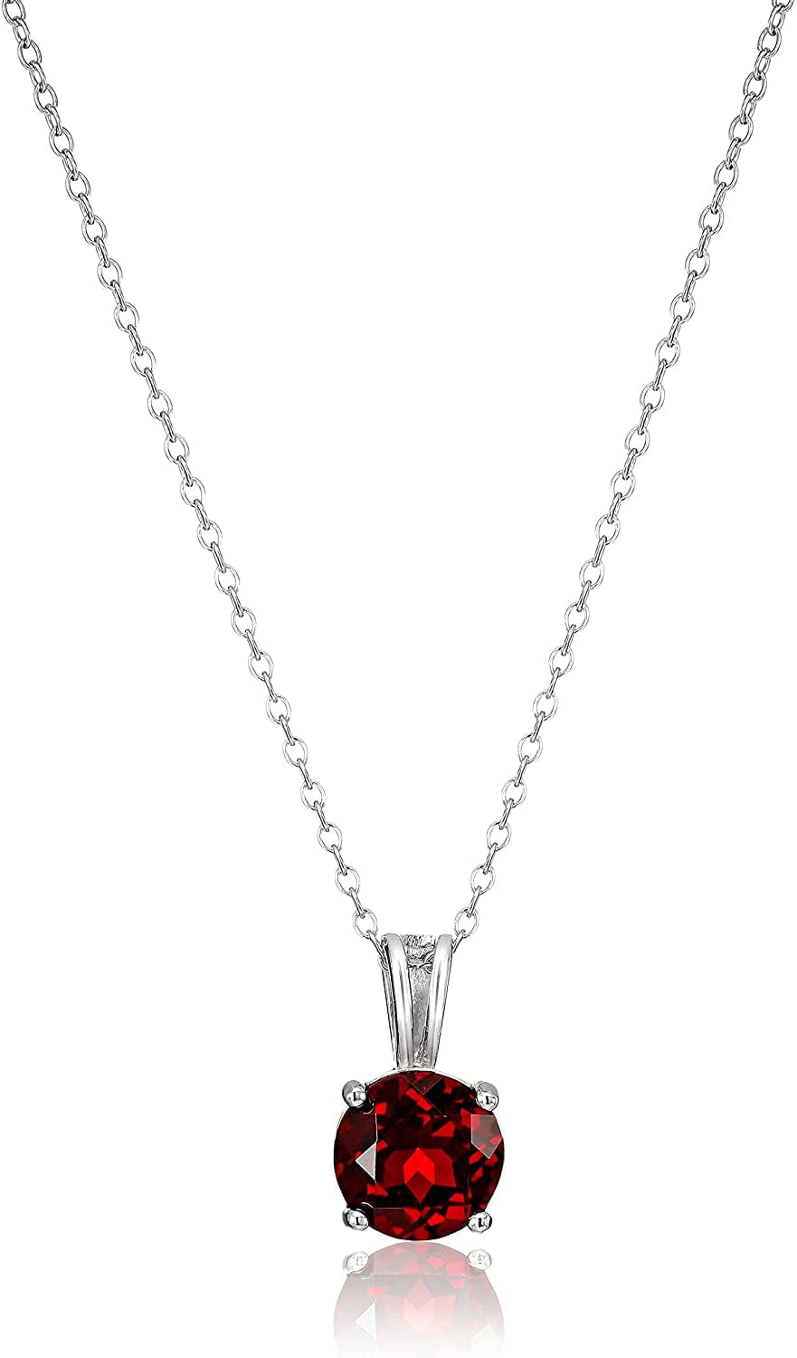 Essentials Sterling Silver Genuine or Created round Cut Birthstone Pendant Necklace, 18" January - Garnet