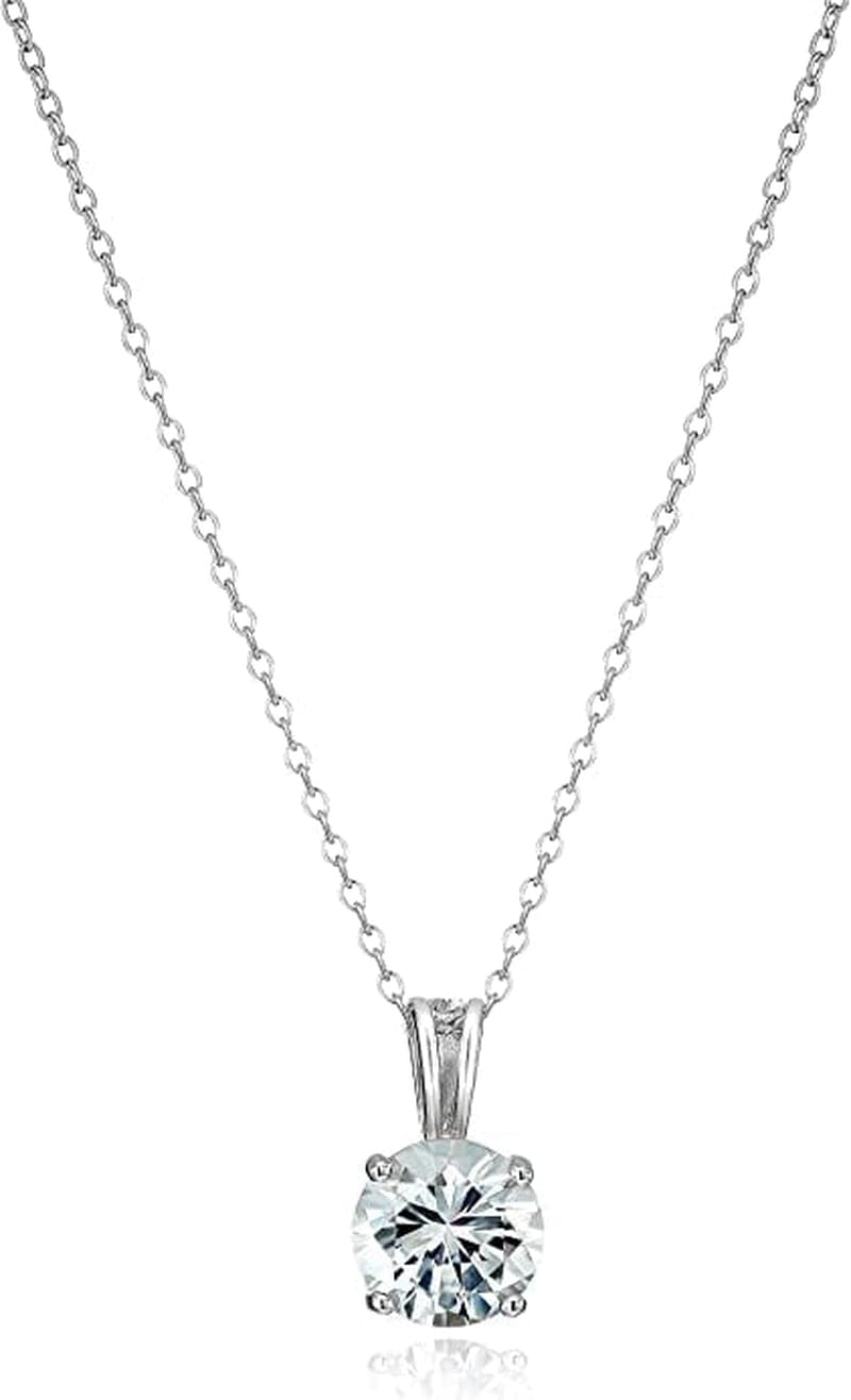 Essentials Sterling Silver Genuine or Created round Cut Birthstone Pendant Necklace, 18" March - Aquamarine
