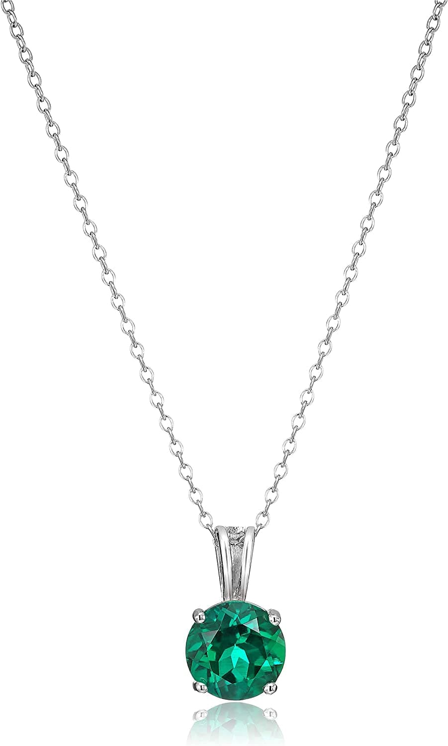 Essentials Sterling Silver Genuine or Created round Cut Birthstone Pendant Necklace, 18" May - Created Emerald