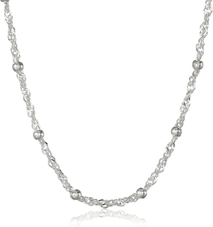 Essentials Sterling Silver Singapore Bead Chain Station Necklace 24"