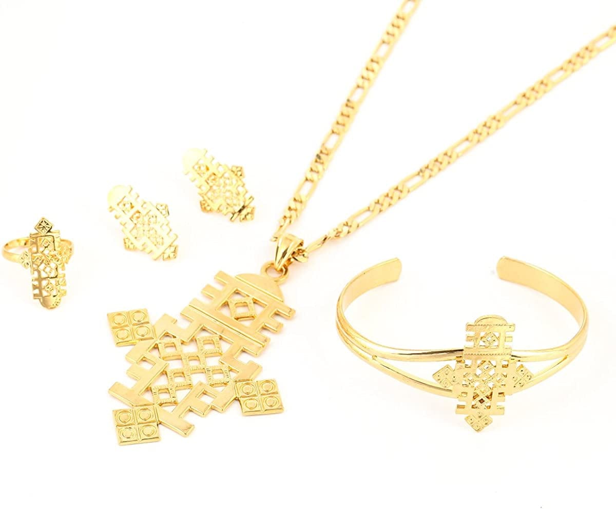 Ethiopian Jewelry Pendant Necklace Chain Earrings Bangle Ring Set Coptic Crosses African Cross Big Size Set