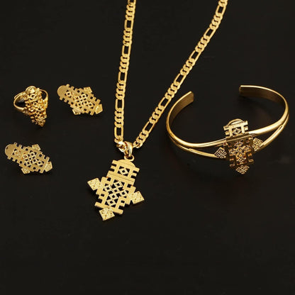 Ethiopian Jewelry Pendant Necklace Chain Earrings Bangle Ring Set Coptic Crosses African Cross