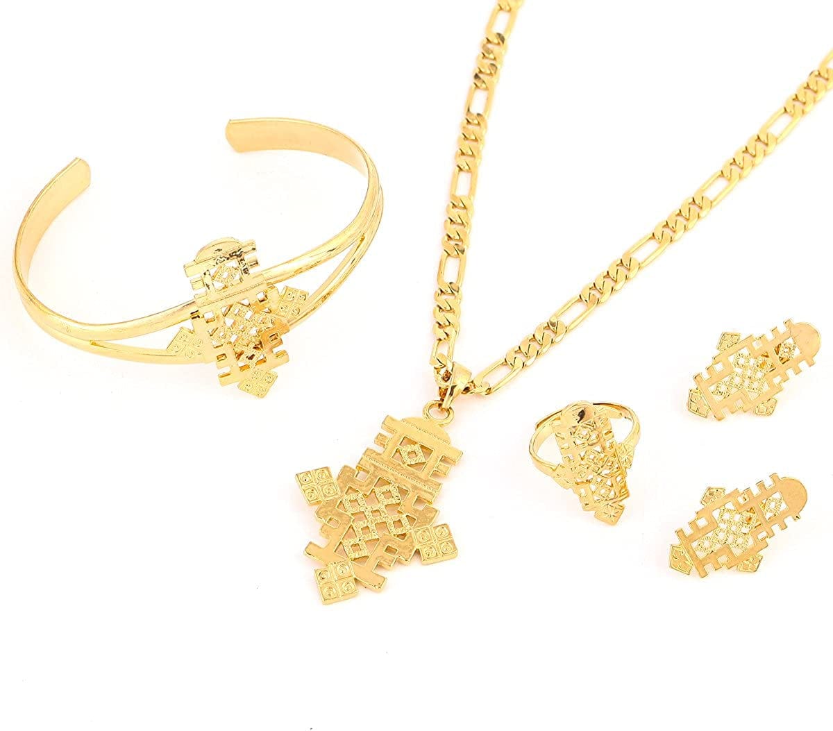 Ethiopian Jewelry Pendant Necklace Chain Earrings Bangle Ring Set Coptic Crosses African Cross Middle Size Set