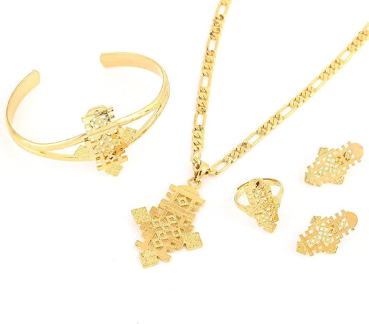 Ethiopian Jewelry Pendant Necklace Chain Earrings Bangle Ring Set Coptic Crosses African Cross Middle Size Set