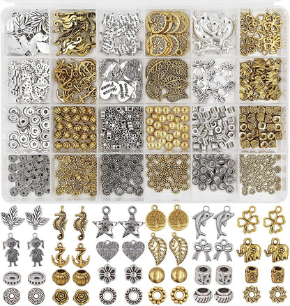 Eutenghao Beads Charms Pendants and Spacer Beads for Jewelry Making 420Pcs 24 Styles Jewelry Making Charms Spacer Pendants for Bracelets Necklace and Crafting (Gold, Bronze, and Silver 3 Colors) Silver and Gold