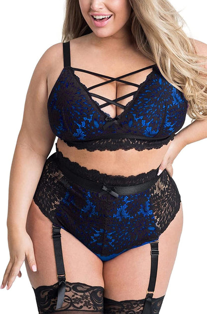 EVELUST plus Size Lingerie for Women - Sexy Luxe Criss-Cross Bra Lace Cup Classic Underwear High Waisted Suspender Set Black Blue / XX-Large