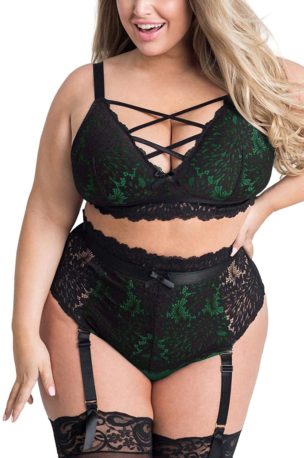 EVELUST plus Size Lingerie for Women - Sexy Luxe Criss-Cross Bra Lace Cup Classic Underwear High Waisted Suspender Set Black Green / Large