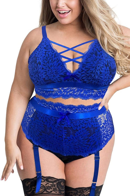EVELUST plus Size Lingerie for Women - Sexy Luxe Criss-Cross Bra Lace Cup Classic Underwear High Waisted Suspender Set Blue Black / XX-Large
