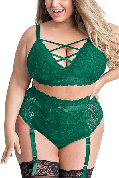 EVELUST plus Size Lingerie for Women - Sexy Luxe Criss-Cross Bra Lace Cup Classic Underwear High Waisted Suspender Set Green / X-Large