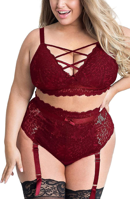 EVELUST plus Size Lingerie for Women - Sexy Luxe Criss-Cross Bra Lace Cup Classic Underwear High Waisted Suspender Set Wine / XX-Large