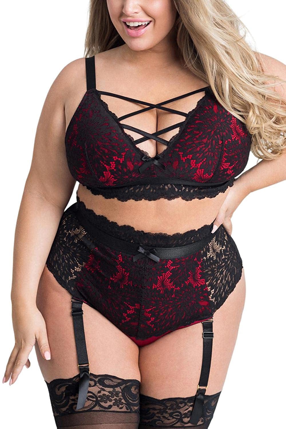 EVELUST plus Size Lingerie for Women - Sexy Luxe Criss-Cross Bra Lace Cup Classic Underwear High Waisted Suspender Set Black Red / 3X-Large