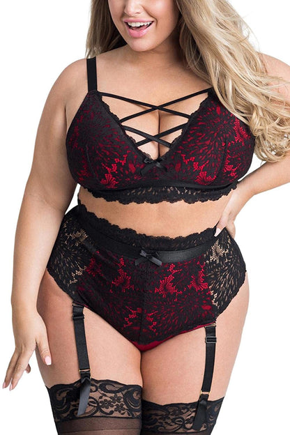 EVELUST plus Size Lingerie for Women - Sexy Luxe Criss-Cross Bra Lace Cup Classic Underwear High Waisted Suspender Set Black Red / 3X-Large