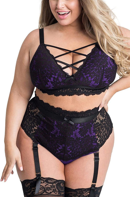 EVELUST plus Size Lingerie for Women - Sexy Luxe Criss-Cross Bra Lace Cup Classic Underwear High Waisted Suspender Set Black Purple / Large